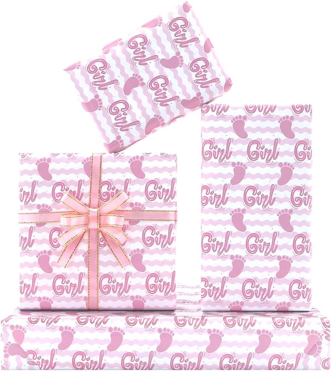 Meisje Voeten Roze Witte Strepen Gift Inpakpapier - 4 Vellen, 50 x 70 cm Elk, Met Roze Zijden Lint - Perfect Voor Meisje Verjaardagscadeau, Baby Shower Party, Geslacht Onthullen Thema