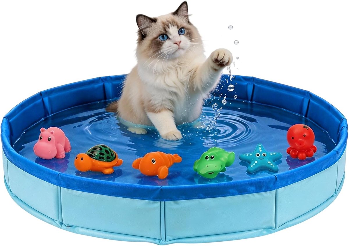50 x 10 cm, opvouwbaar kattenzwembad, hondenzwembad, kattenspeelgoed met 6 zwemspeelgoed, mini-zwembad voor katten en honden, draagbaar zwembad, klein voor de zomer