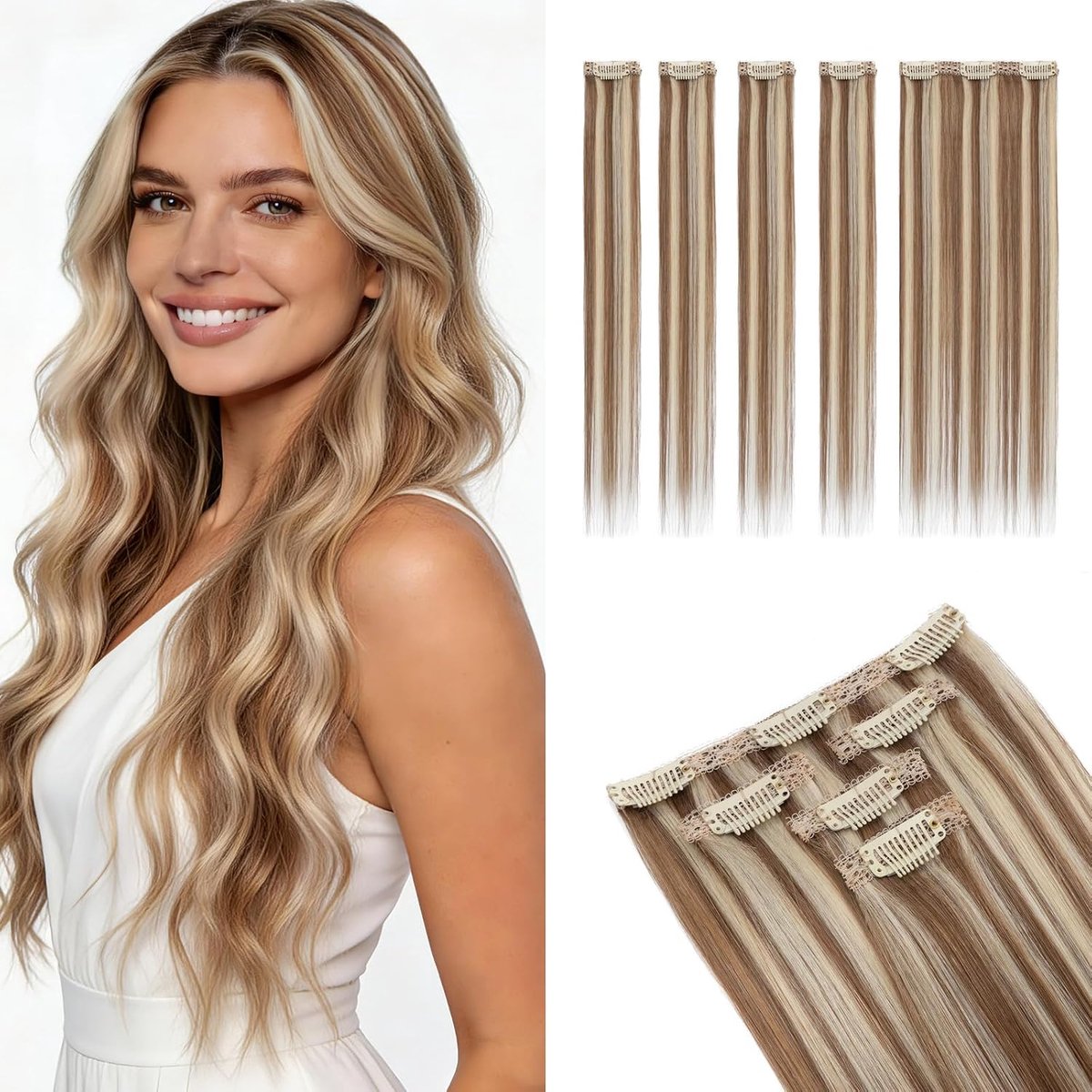 Clip in Extensions Echt Haar 5 Stuks (4 Enkele Clips + 1 Tripple Clip) Steil met Lace Basis voor Onzichtbaar Volume #6P613 Lichtbruin/Blond 36g 25cm