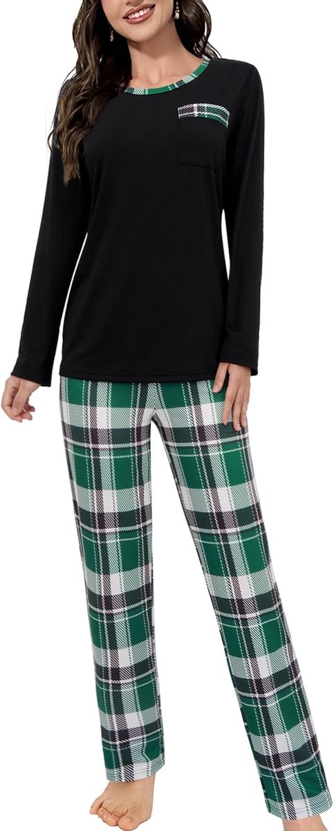 Pyjama voor dames, lange kerstpyjamaset, winter, tweedelige lange mouwen, nachtkleding en geruite pyjamabroek, loungewear, homewear, voor dames, behaaglijk huispak, vrijetijdspak
