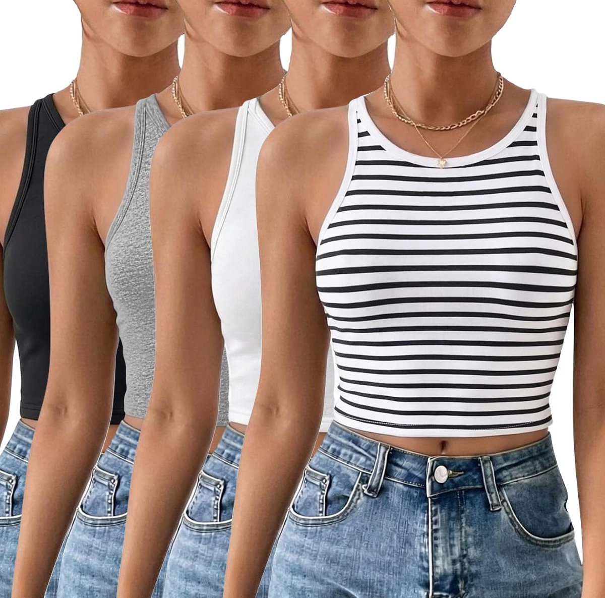 Meego 4-Pack Crop Tops for Women: High Neck Workout Tank, Yoga Camisole, Athletic Undershirts (M) Black/White/Grey/Striped