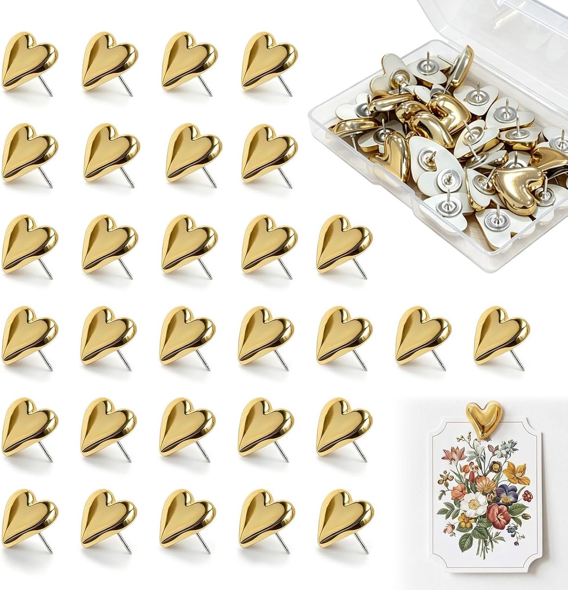30 stuks gouden hartpennen. Metalen pushpins voor kurkborden, foto's en posters, geschikt voor thuis, kantoor en DIY
