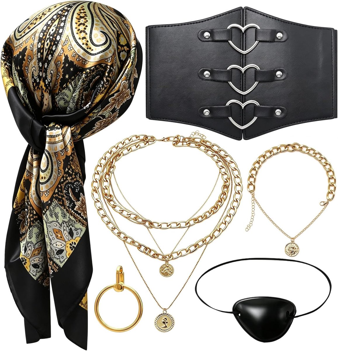 Piratenkostuum voor dames, accessoireset, piratenbruid, accessoires met hartkorsetriem en bandana, 6-delige set voor Halloween, carnaval, cosplay en themafeest (zwart)