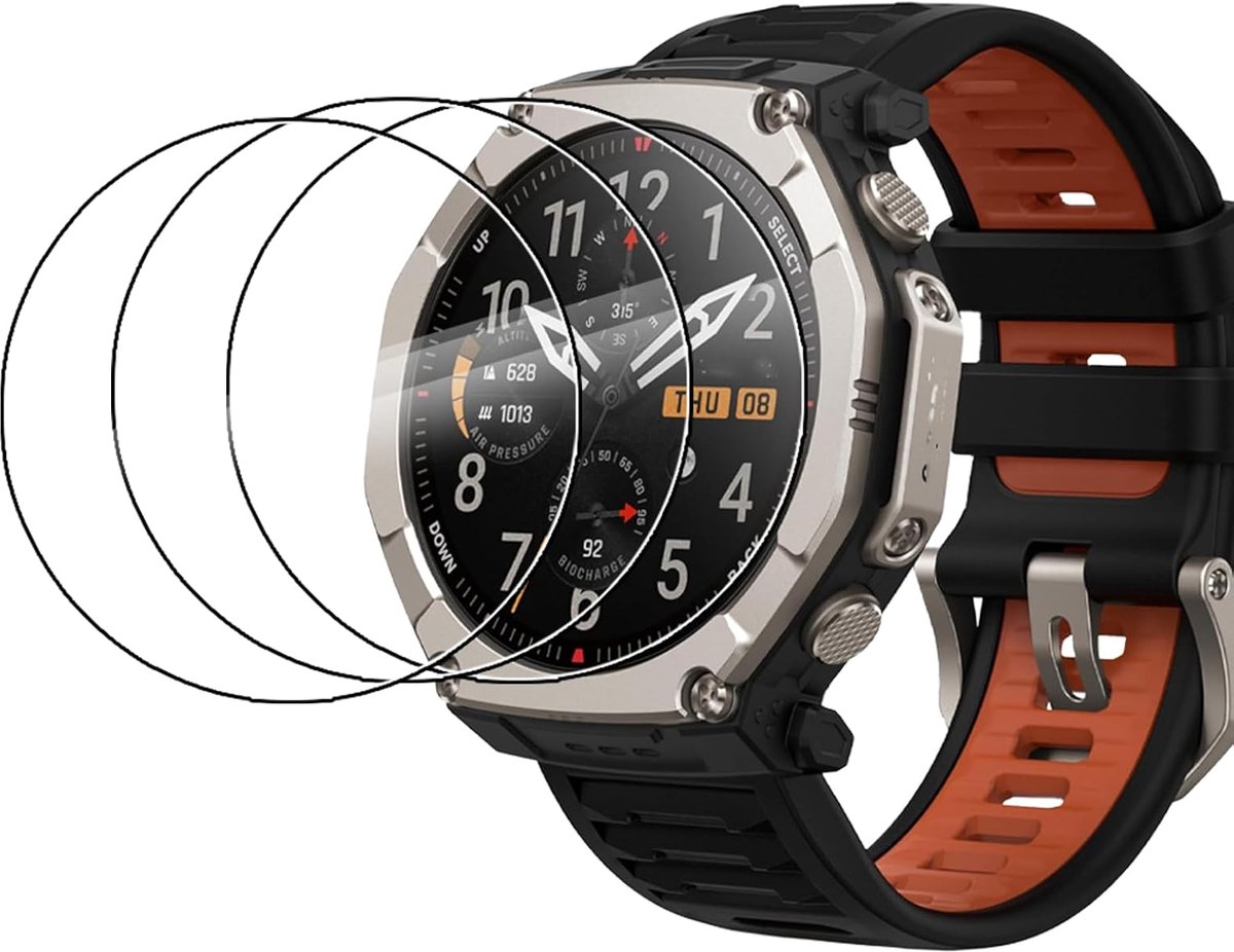 Displaybeschermfolie van gehard glas voor Amazfit T-Rex Ultra 2 51 mm smartwatch met hoge aluminium vossenrand, bescherm je apparaat met duurzame folie, verpakking van 3 stuks