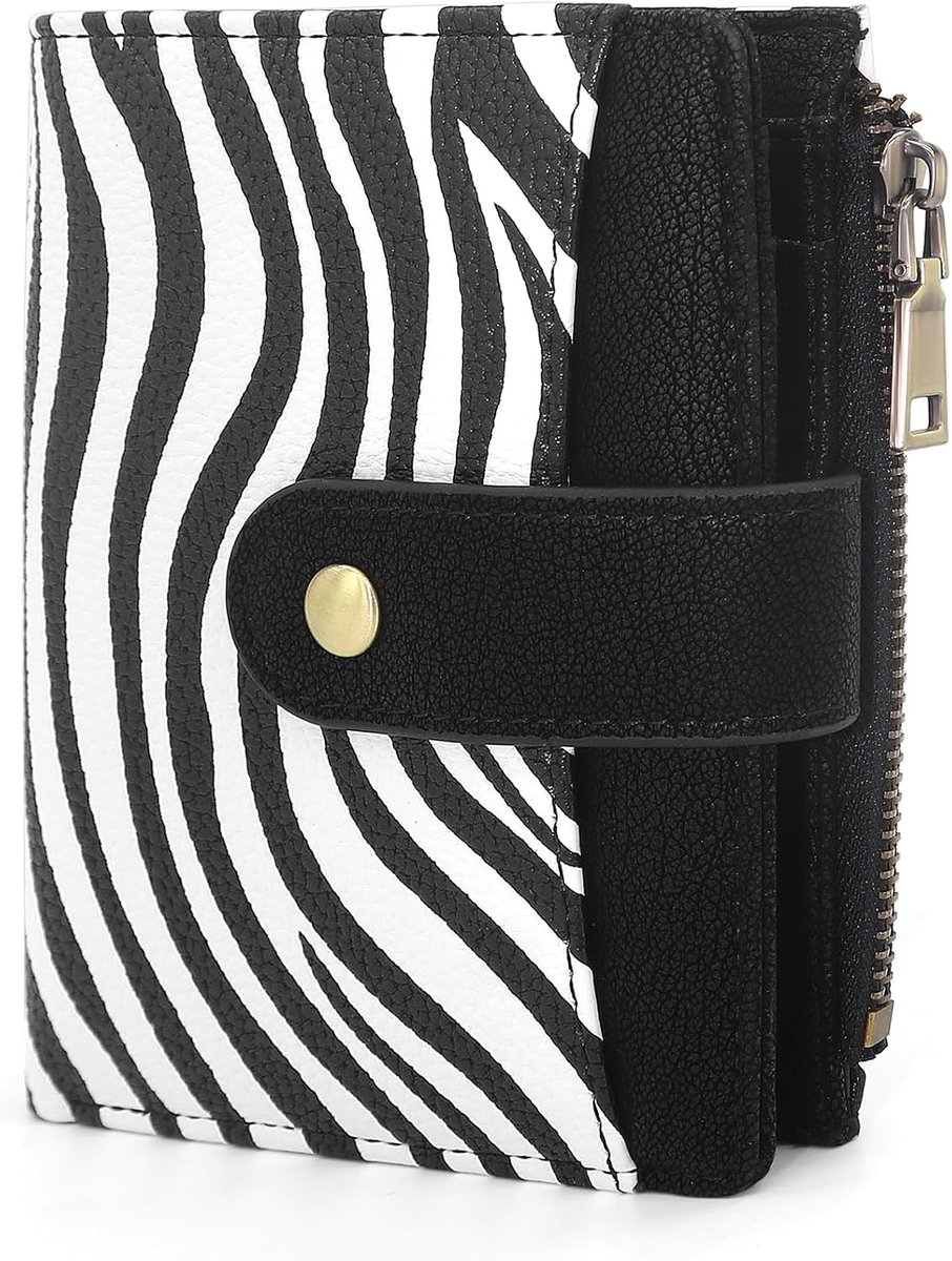 Damesportemonnee van PU-leer, kort formaat, kleine portemonnee voor vrouwen, RFID-blokkering, kaarthouder met ritssluiting voor munten en 16 kaartvakken, Zebraprint, 12.5x10x2.5 cm, Retro