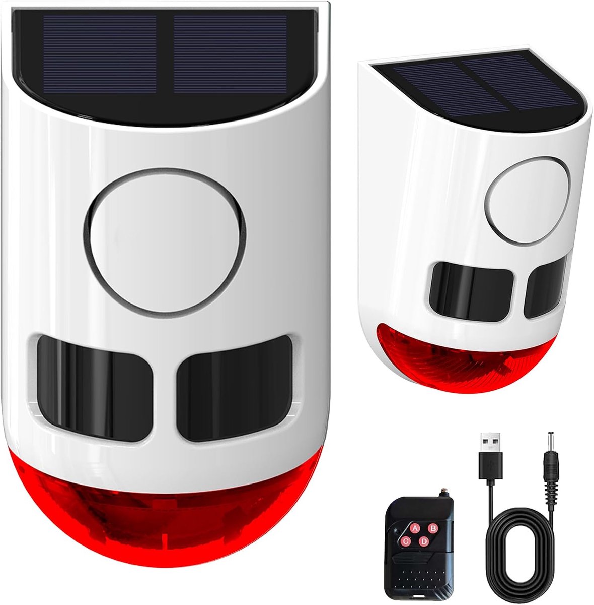 Bewegingsmelder op zonne-energie, 110 dB, luide geluidsmaker, 4 werkmodi, stroboscooplicht met USB voor thuis, villa, binnenplaats, kippenhok, boerderij, schuur (2 Pack)