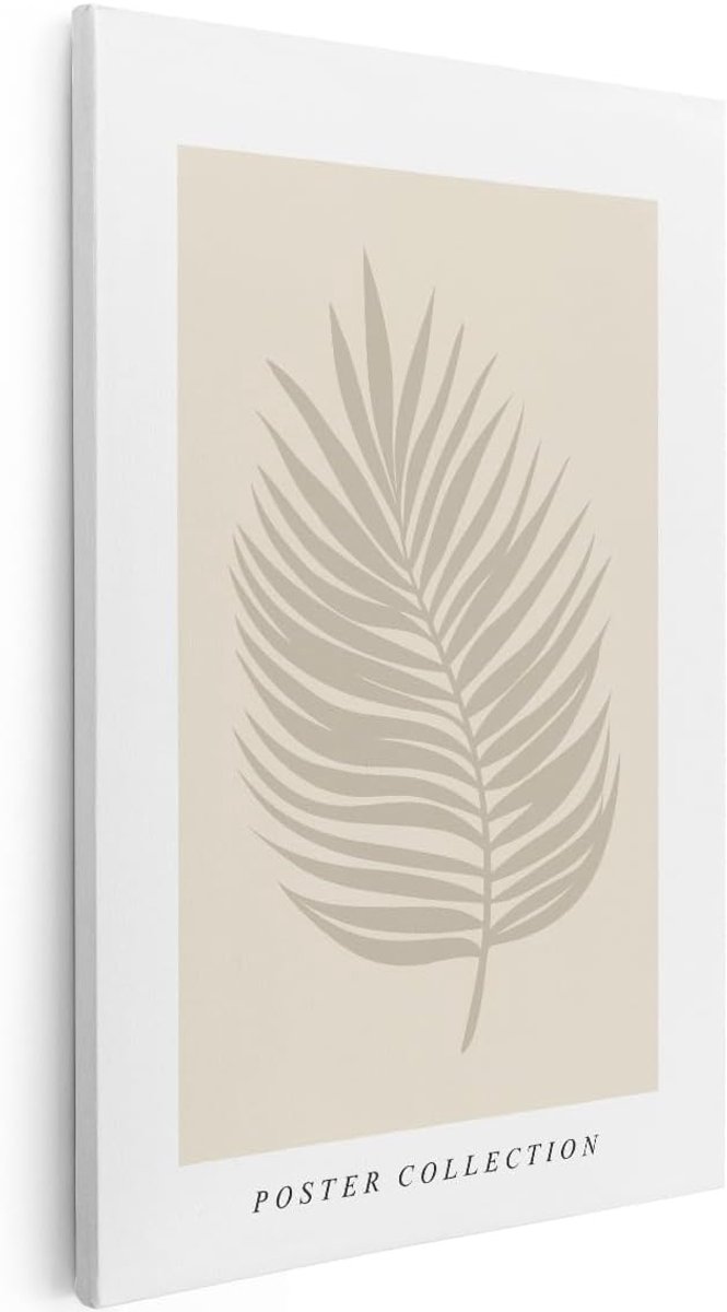 Canvas Schilderij Palmblad - 80x120 cm - Groot - Japandi Wanddecoratie - Boho Muurdecoratie Natuur - Decoratie Plant - Beige