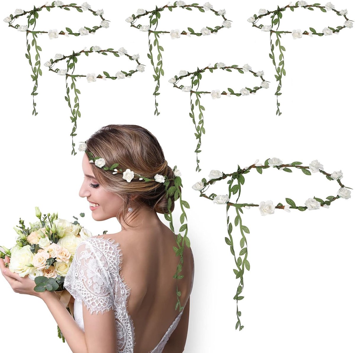 6 stuks bloemenkroon vrouwen bruiloft haar slinger boho krans bloemen bruids hoofd pc groen verstelbare hoofdband voor ceremonie feest festival vakantie fotografie rekwisieten, 18 cm