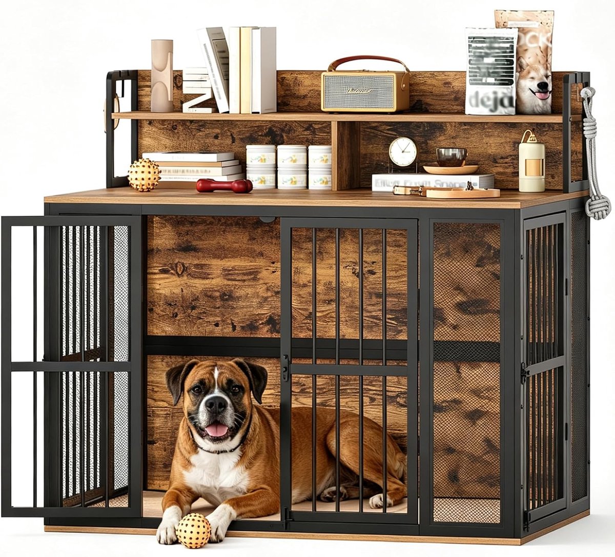 Hondenkooi met Opbergplanken, 120 cm, Bruin en Zwart
