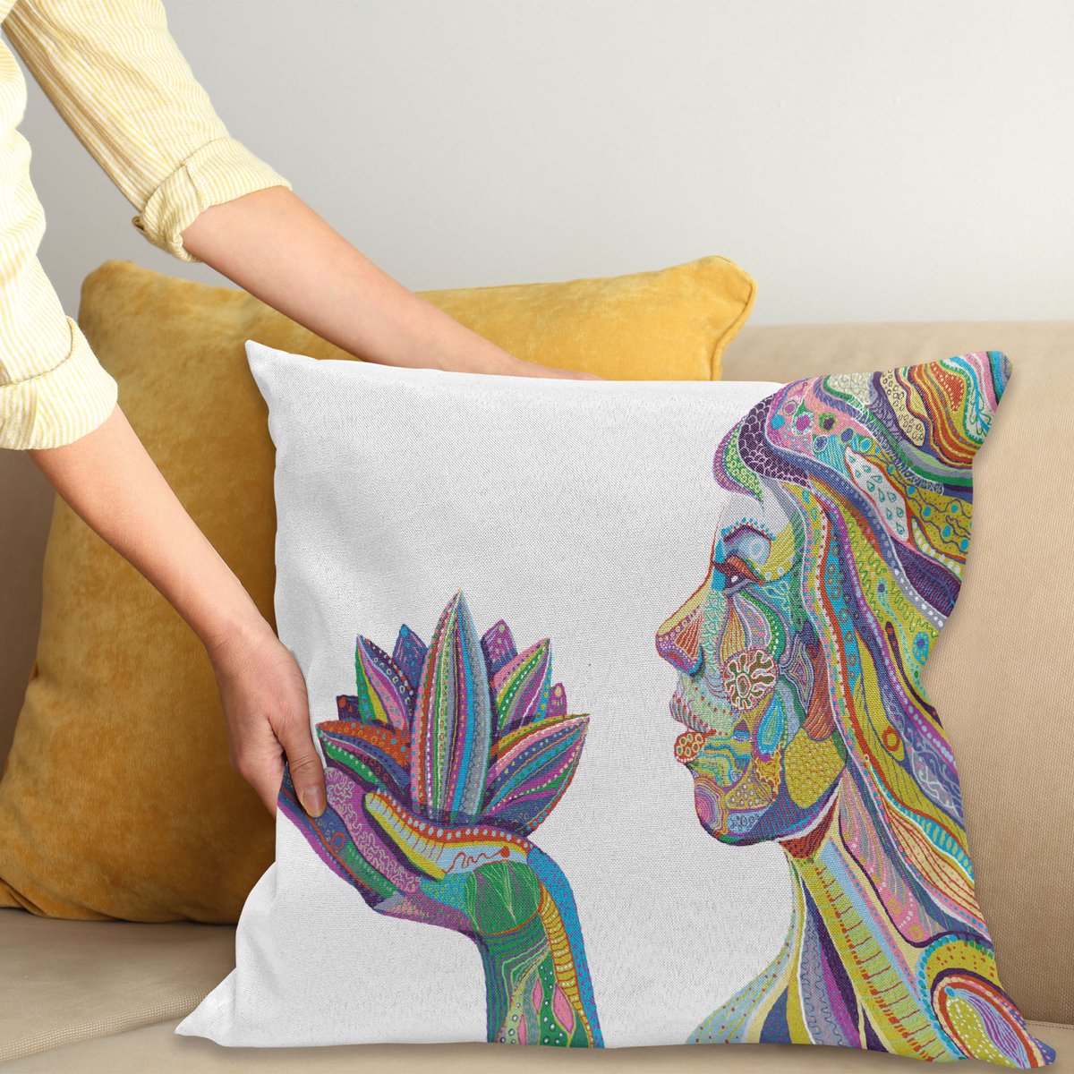 ABAKUHAUS Boho Kussenhoes, Yoga Pose in Lotus Bloem, Water- en Vuilafstotende Stof met Digitale Print voor Binnen en Buiten, 50 x 50 cm, Meerkleurig