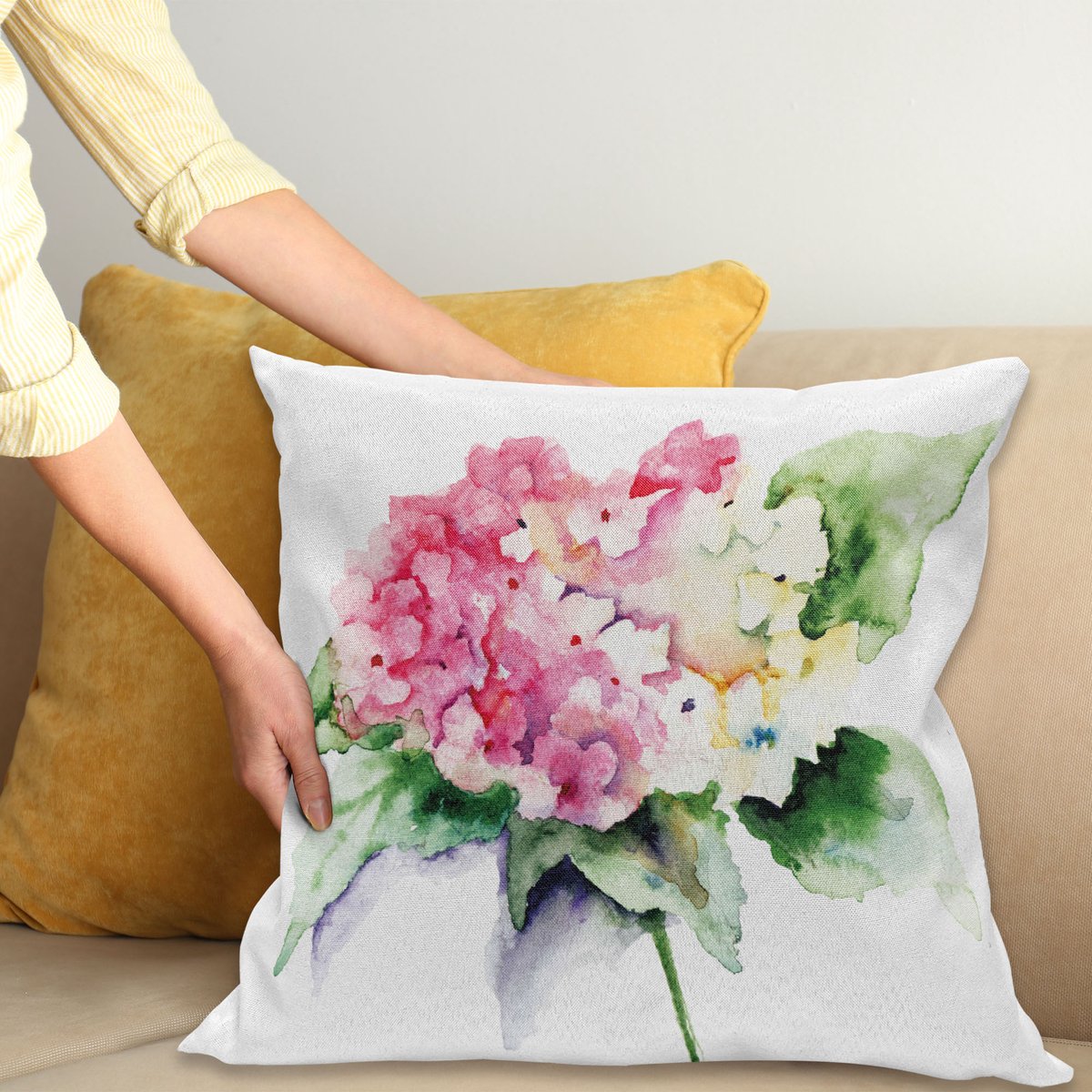 ABAKUHAUS Bloemen Kussenhoes, Hydrangea-Bloemen-Blumenstrauß, Water- en Vuilafstotende Stof met Digitale Print voor Binnen en Buiten, 45 x 45 cm, Groen Geel Roze