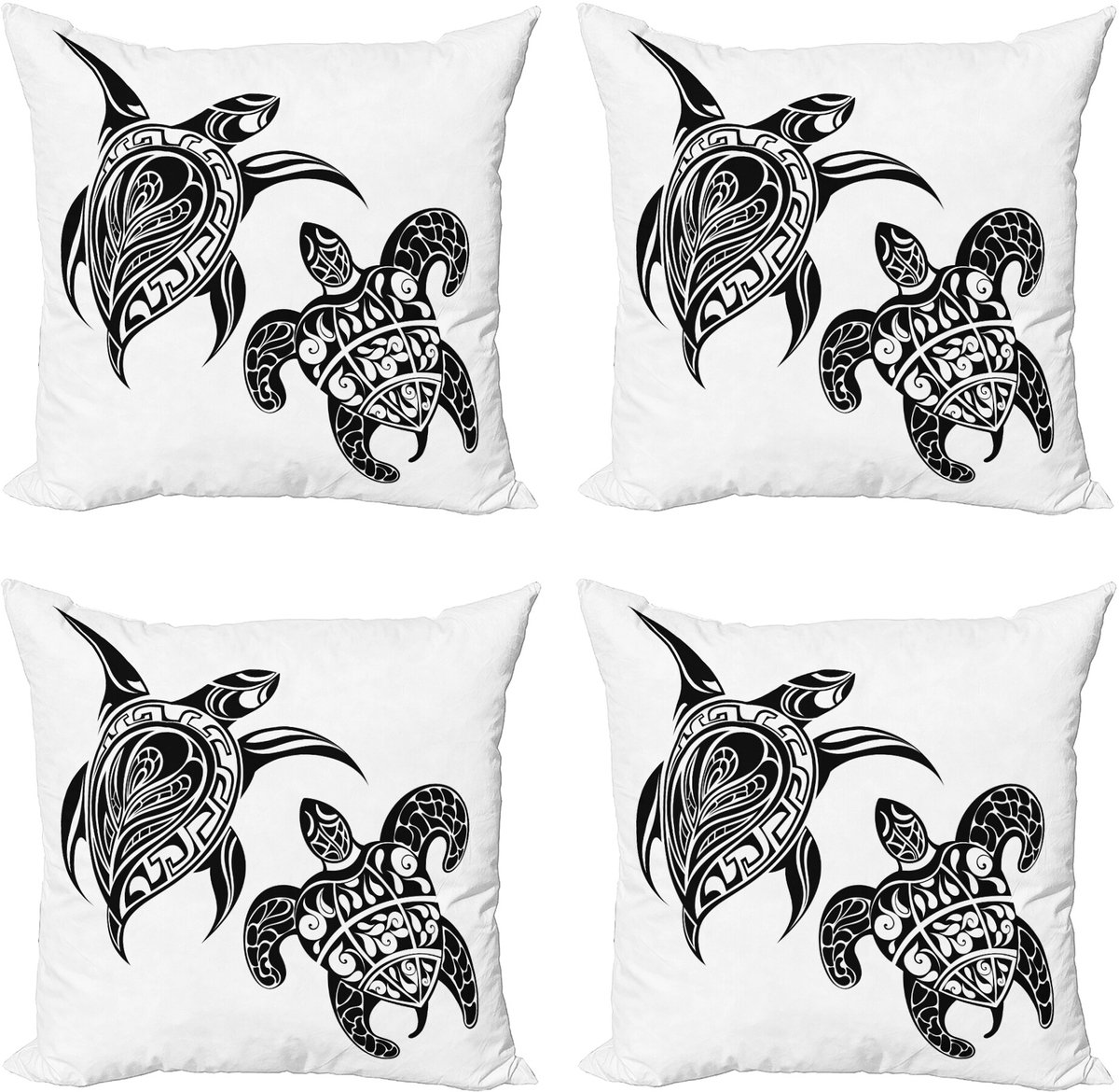 ABAKUHAUS Schildkröte Sierkussen Kussenhoes 4er Set, Dieren, Modern Accent Dubbelzijdige Digitale Print, 40 x 40 cm, Wit en Zwart