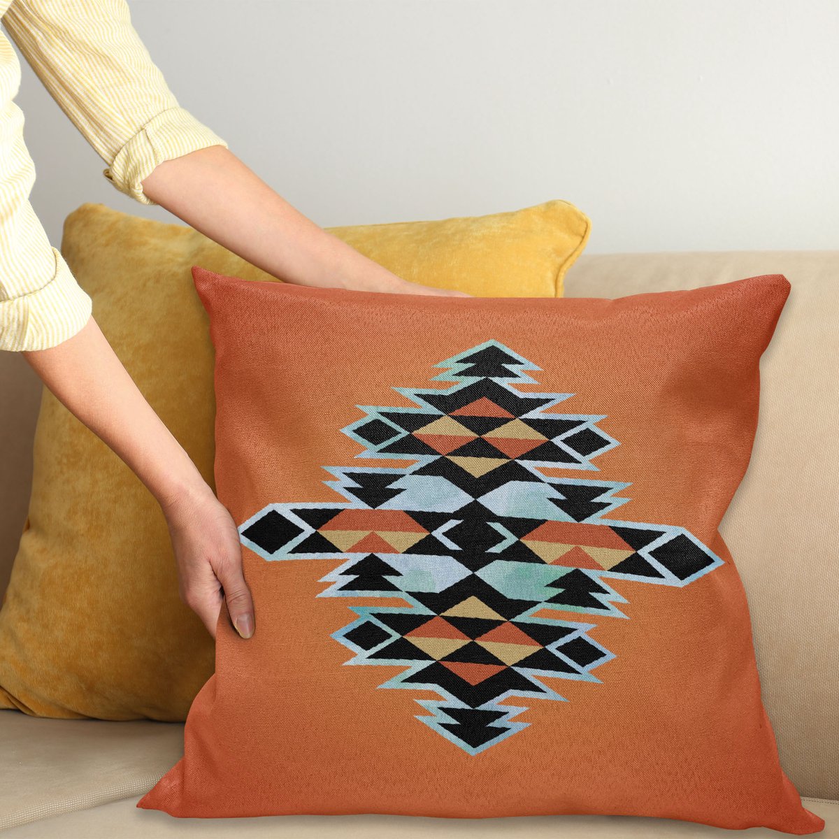 ABAKUHAUS Tribal Kussenhoes, Aztec Patroon, voor de Binnen of Buiten Gebruik Geschikt met Ritssluiting Wasbare Stof, 40 x 40 cm, Oranje Zwart Lichtblauw