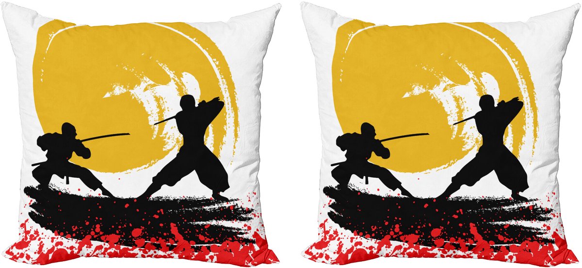 ABAKUHAUS Japans Sierkussenhoes Set van 2, Aquarel-Stijl Ninja, Modern Accent Dubbelzijdige Digitale Print, 40x40, Vermiljoen Mosterd