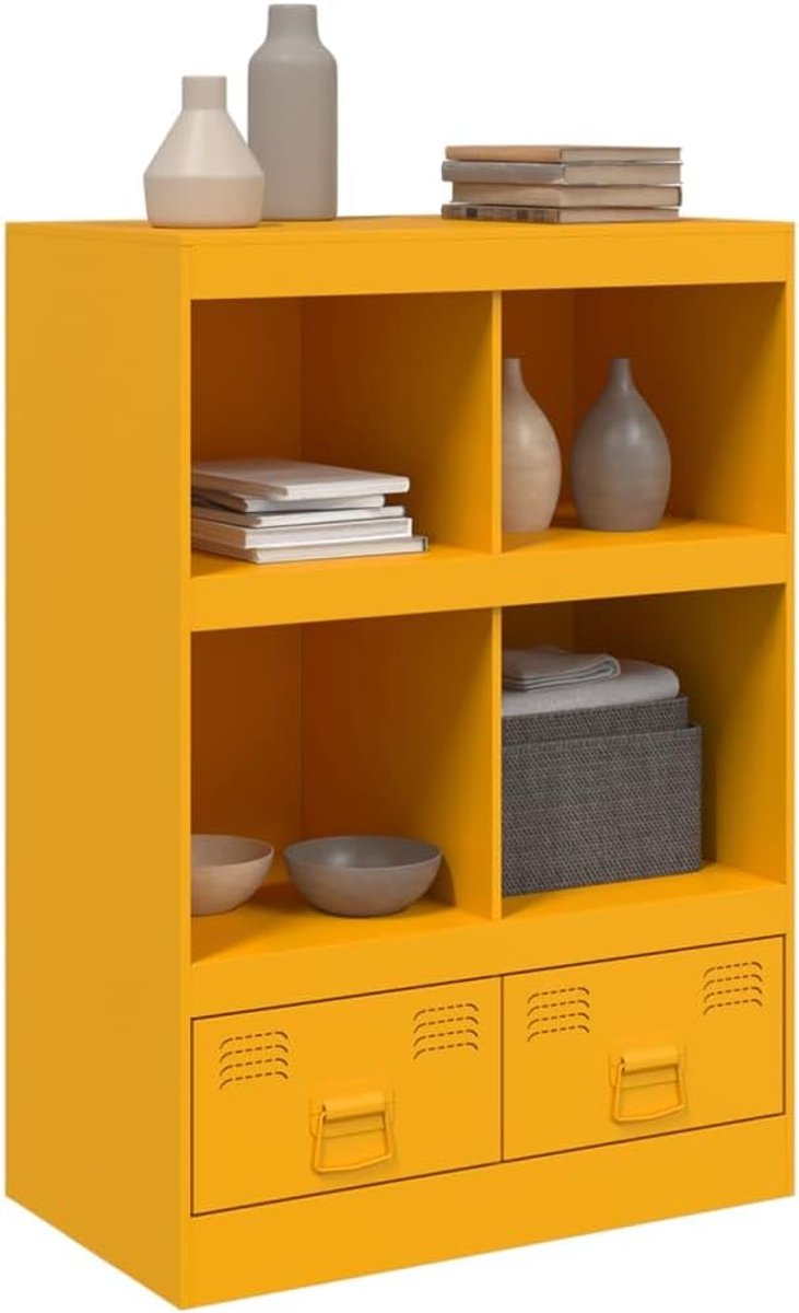 Highboard met 2 laden en 4 vakken, commode, dressoir, dressoir, keukenkast, woonkamerkast, multifunctionele kast, kast voor woonkamer, slaapkamer, keuken, mosterdgeel, 67 x 39 x 95 cm, staal