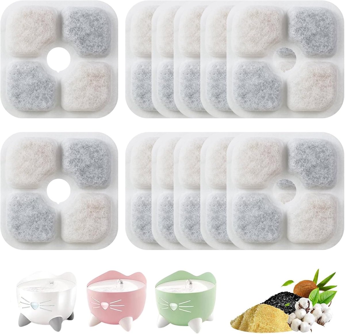 12 kattenfonteinfilters, vervangingsfilters voor Catit Pixi-fontein, drielaagse filters met hars en actieve kool, vervangingsfilters van actieve kool voor huisdieren