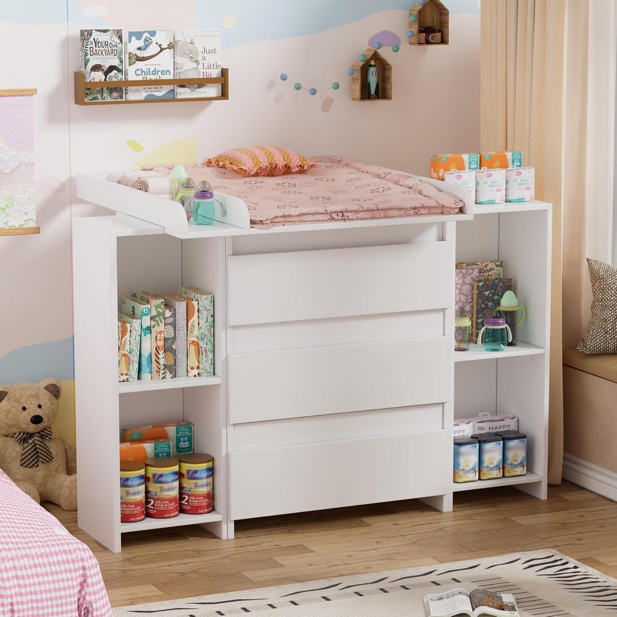 2-in-1 commode met afneembaar aankleedkussen, babycommode en commode met 3 laden en 6 planken voor kinderkamer en slaapkamer, 73 x 70 x 78 cm / 113 x 32 x 70 cm, wit