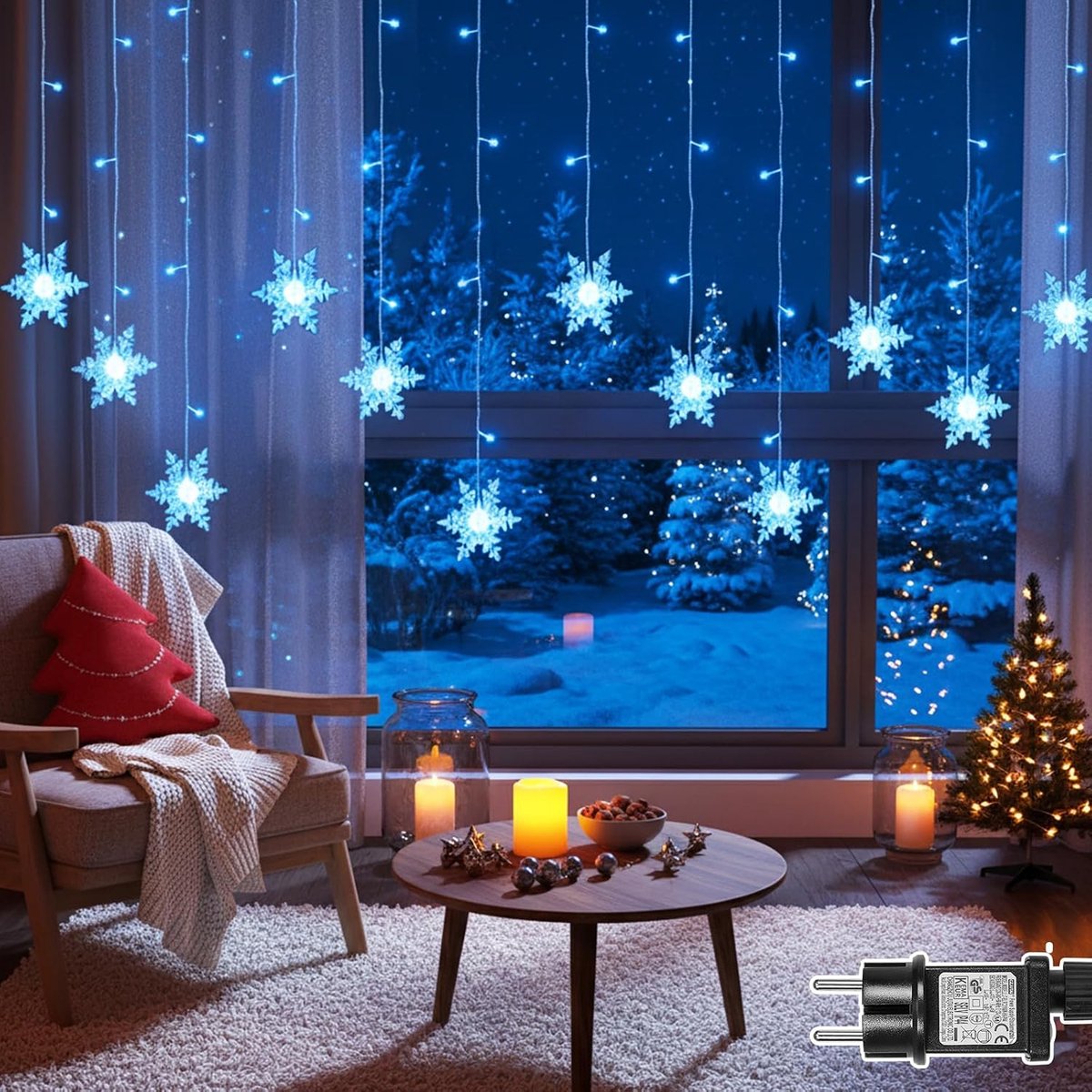 Sneeuwvlokken, 1,8 m, 94 leds, lichtketting voor binnen en buiten, Kerstmis, met timer, 8 modi, geheugenfunctie, lichtkettinggordijn, aansluitbaar, IP44, voor buiten, balkon