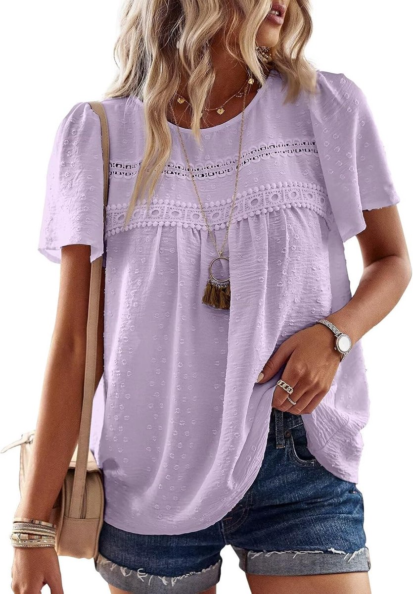 Dames Zomer Boho Blouse Korte Mouwen Tops Vloeiend Elegant Ronde Hals T Shirt Tuniek Casual Outfits Kant Kleding