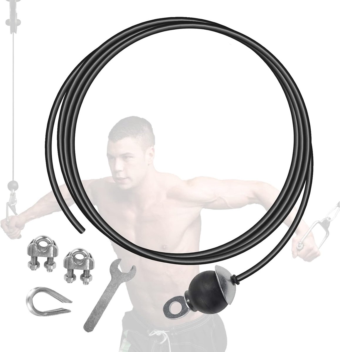 Fitnessapparaat, staalkabel, kabel, ommantelde draadkabel, zwart, voor touw, lattrekkabel, fitness, thuis, gym, riemschijvensysteem, armkrachttraining met ogen