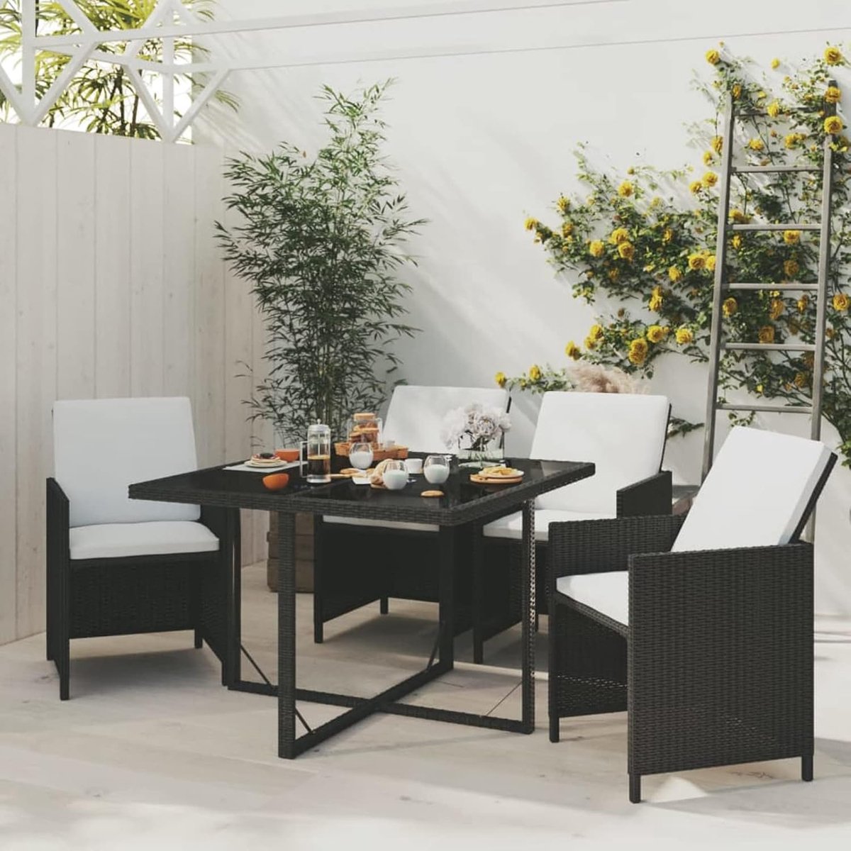 Tuinmeubelset, 5-delig, met kussens, crèmewit, set met tafel en 4 tuinstoelen, meubels voor eetkamer, woonkamer, tuin, terras, balkon, synthetische rotan, zwart