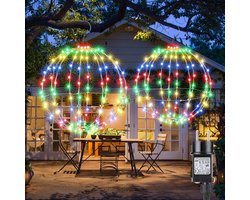 IBaycon Outdoor kerstverlichting, veelkleurige hangende ballen met knipperende lampjes, stroomadapter met timer, decoratieve verlichting voor tuinfeesten (33+28 cm, set van 2 stuks)
