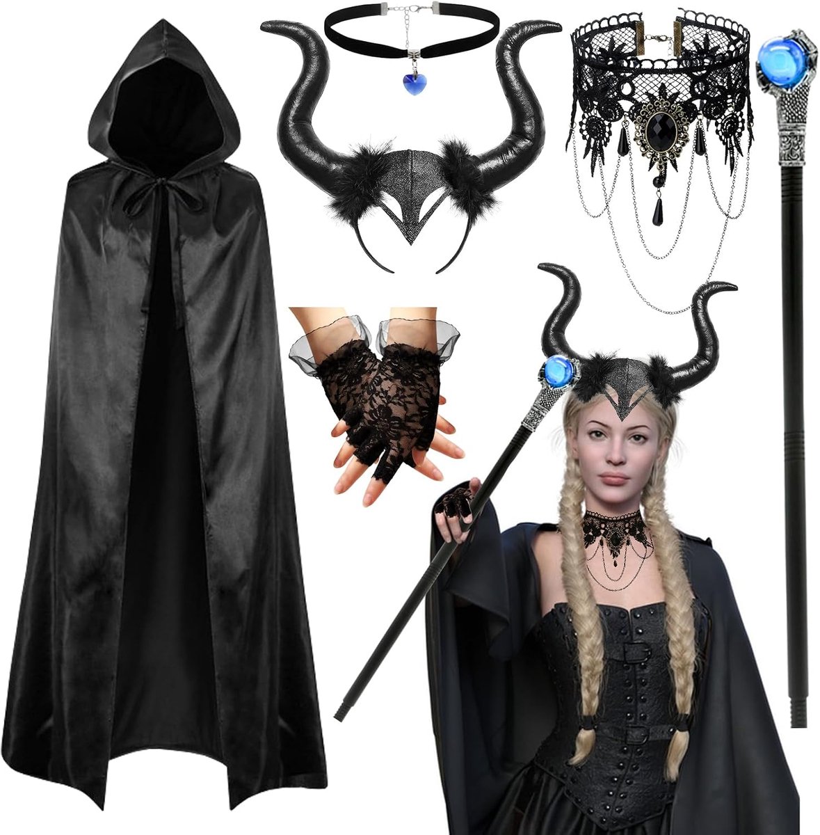 6 stuks duivelskostuum voor dames, duivelscape met capuchon, duivelshoorns, haarband, gothic, kant, halsketting, sieraad, handschoenen, duivelkostuum voor Halloween en carnaval