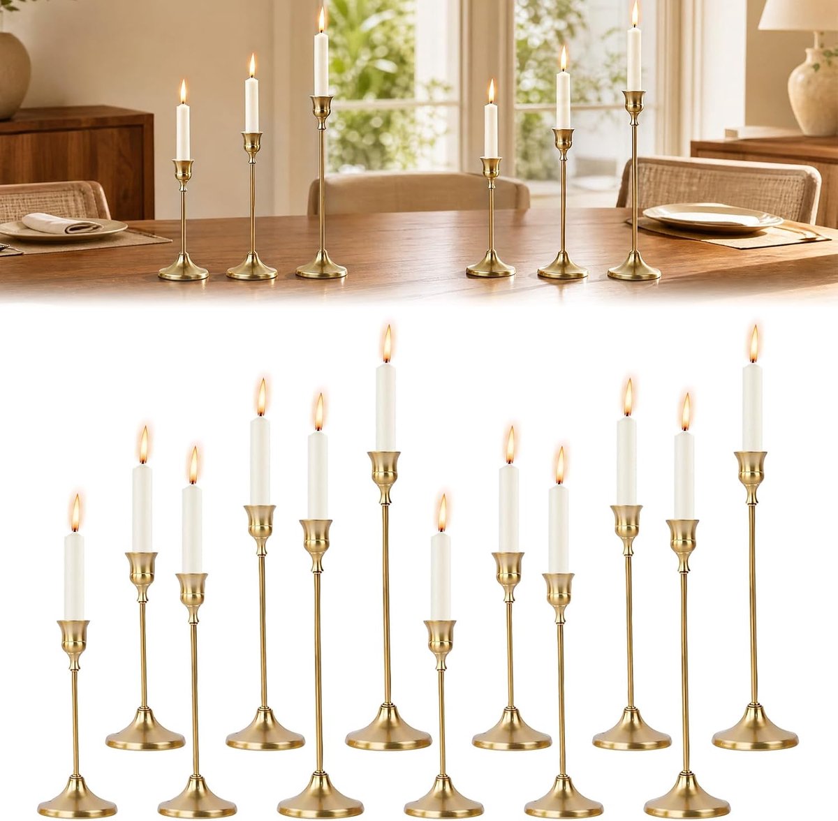 Goud 12-delige set, staafkaarsenhouder metaal 16/19/23 cm