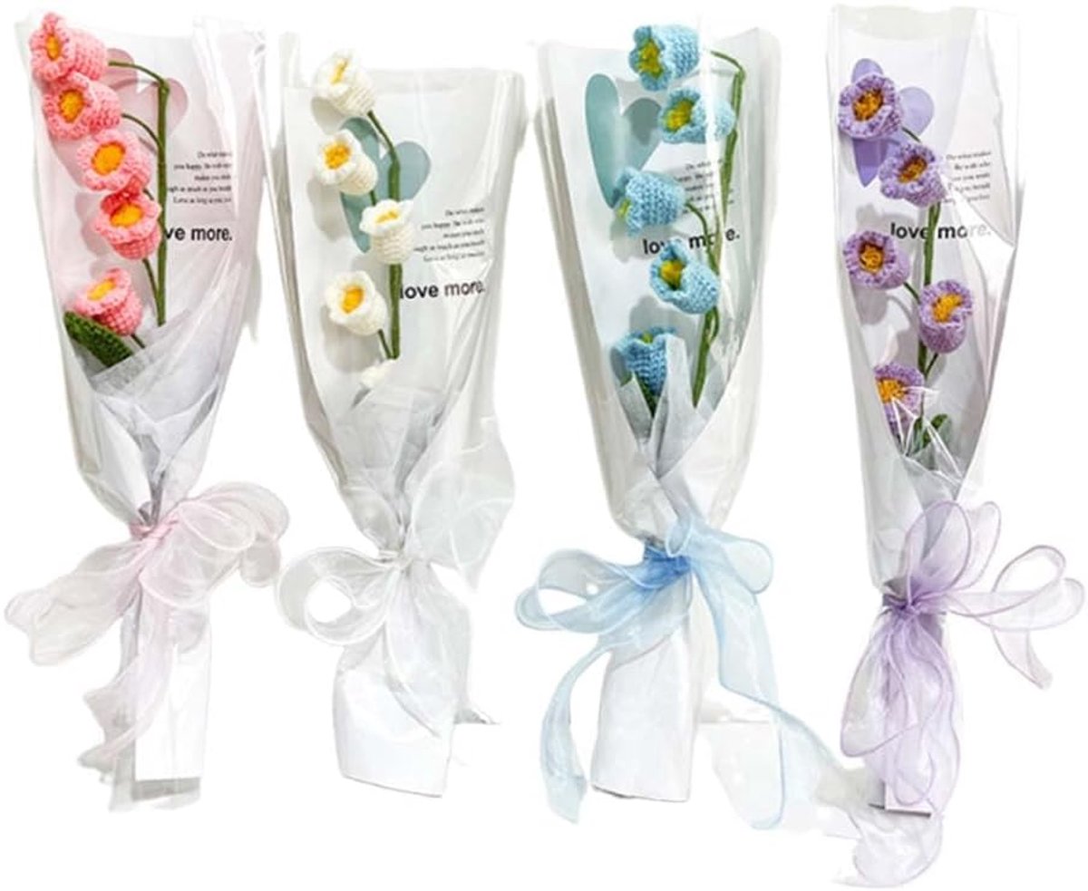 4 stuks afgewerkte gehaakte lelietje-van-dalen bloemboeket handgemaakte kunstmatige lelietje-van-dalen met enkele doorzichtige verpakkingszak, gehaakte boeket cadeau voor vrouwen, roze+wit+