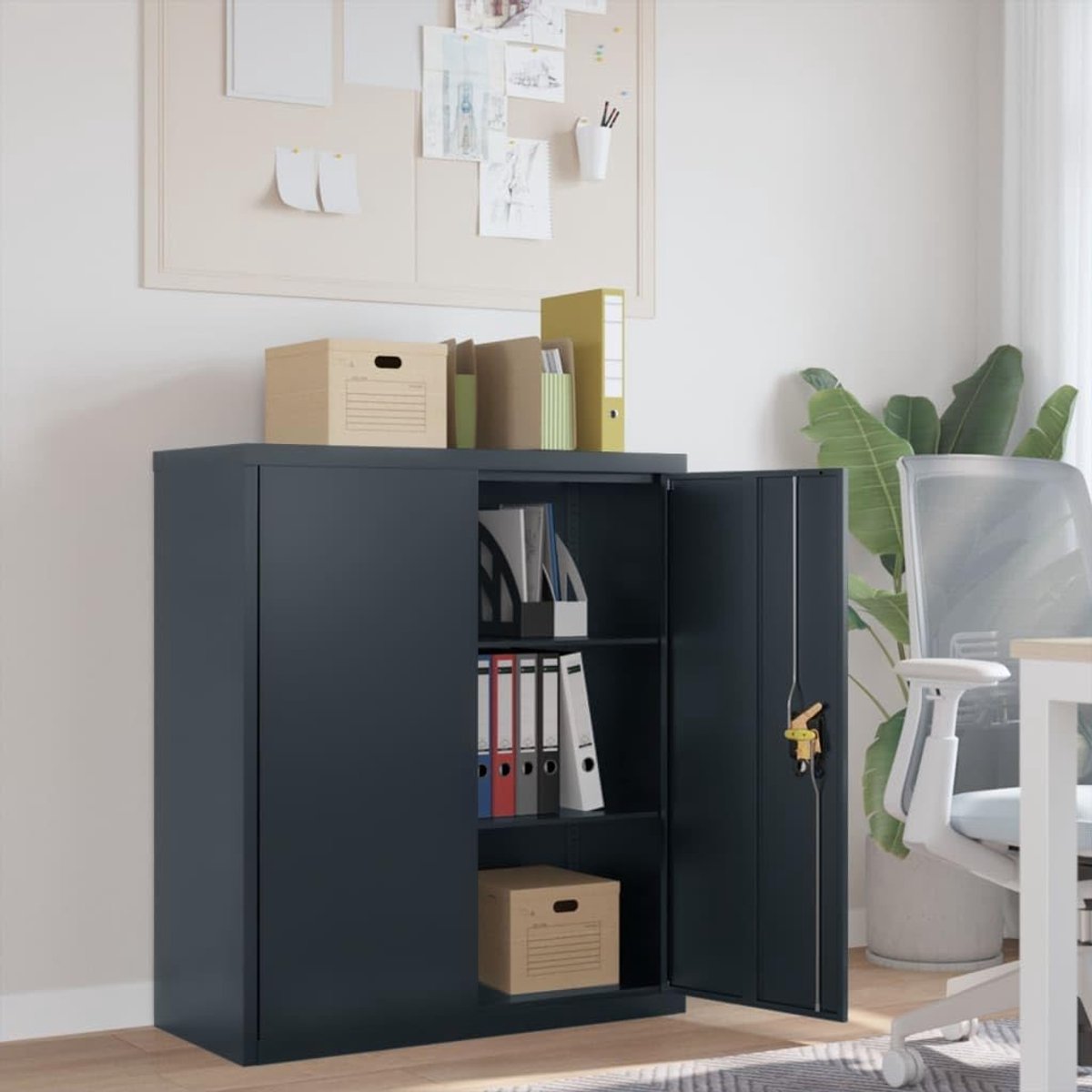 Archiefkast van staal, afsluitbare kantoorkast met 2 legplanken, metalen kast voor kantoor en archief, 90 x 40 x 105 cm, antraciet