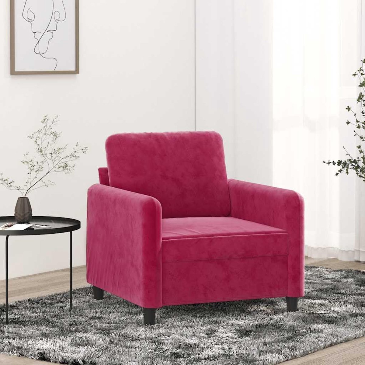 Wijnrood 60 cm fluwelen gestoffeerde stoel met metalen frame, comfortabel gevoerde zitting en rugkussens voor woonkamer, leeshoek, ontspanning, zachte velours stof