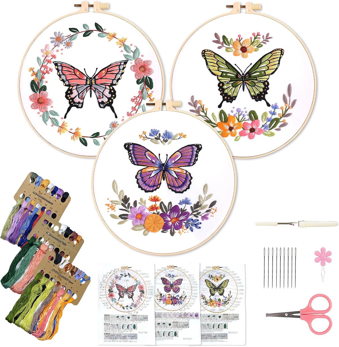 Doe-het-zelf borduurset voor beginners en volwassenen, set van 3 vlinderpatroon, kruissteekset met bamboe-look, borduurlijst en uitgebreide borduuraccessoires