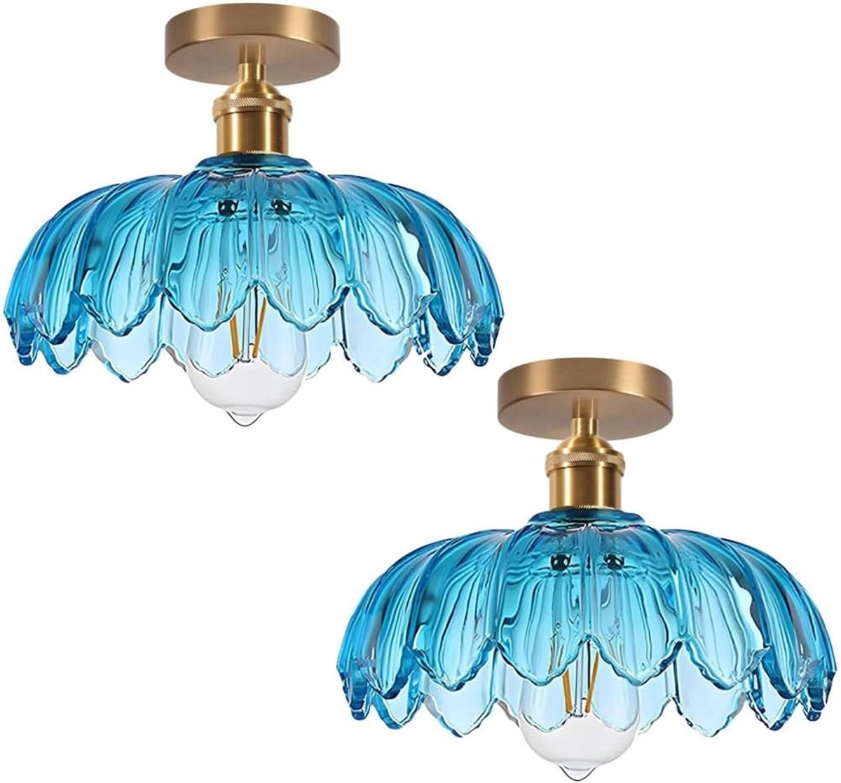 Set van 2 Creatieve Blauwe Vintage Bloemen Plafondlampen, Glazen Lampenkap, E27 Plafondverlichting, Decoratieve Plafonniers voor Keuken, Eetkamer, Slaapkamer