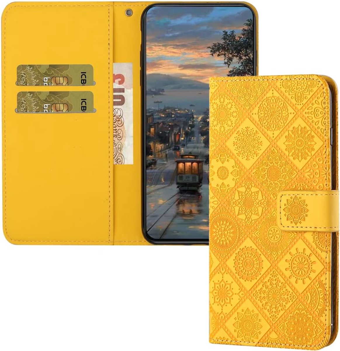 Beschermhoes voor iPhone 13 Mini, festivals met reliëf, PU-leer, portemonnee, hoesje met kaartsleuf, magneetsluiting, klaphoes compatibel met iPhone 13 Mini, geel XC