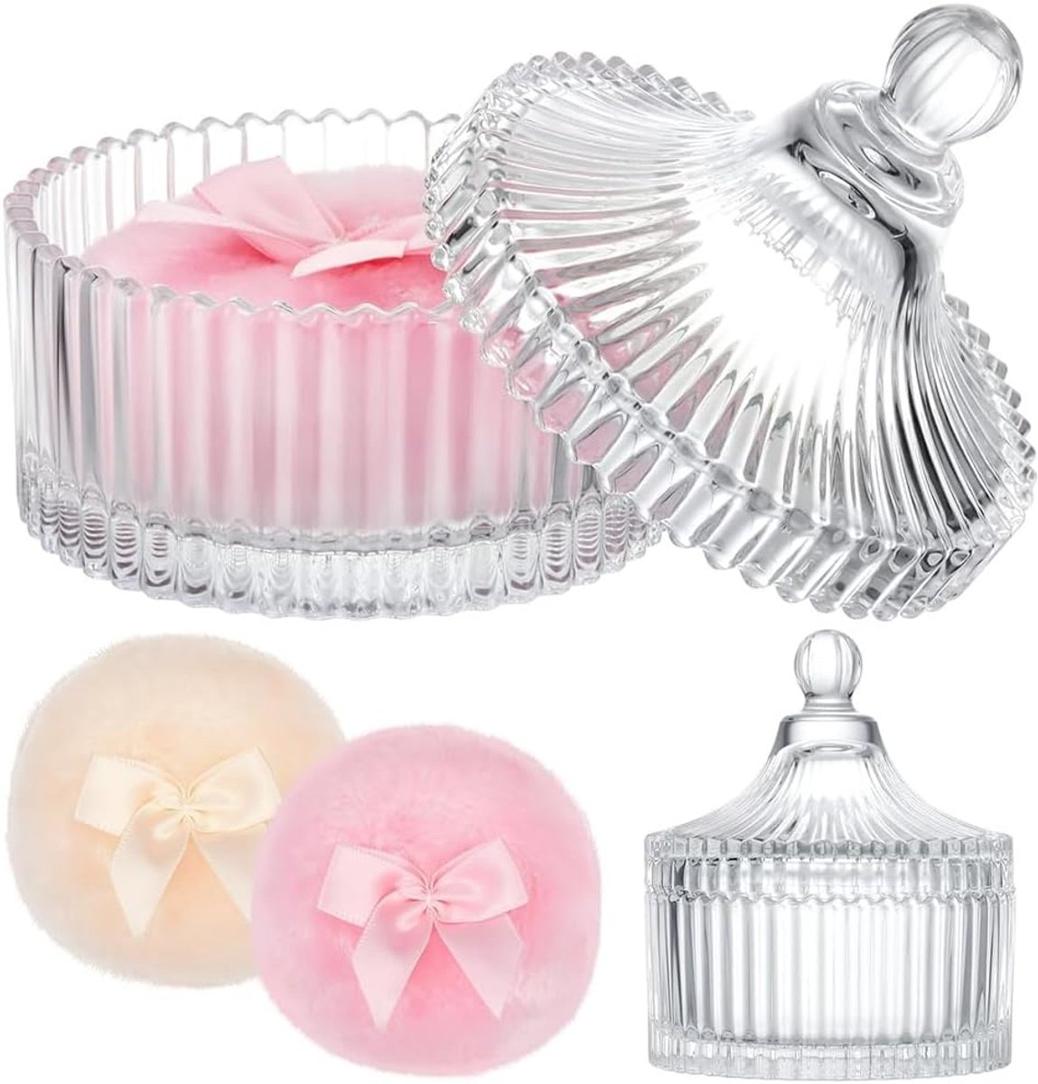 Set van 3 body-buffzandcontainers, poederdoos met poederkwast, poedercontainer met zachte bubbel, kristallen poederblikset van glas, cadeau voor verjaardag, bruiloft, Valentijnsdag