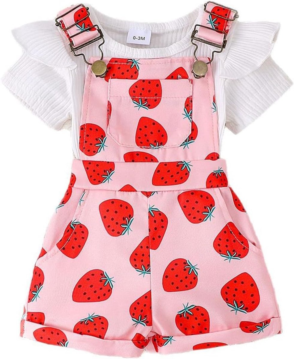 Zomeroutfits voor babymeisjes, met ruches, korte mouwen, geribbelde top, bloemen/hartpatroon, overalls, shorts met zak, schattige 2-delige kledingset