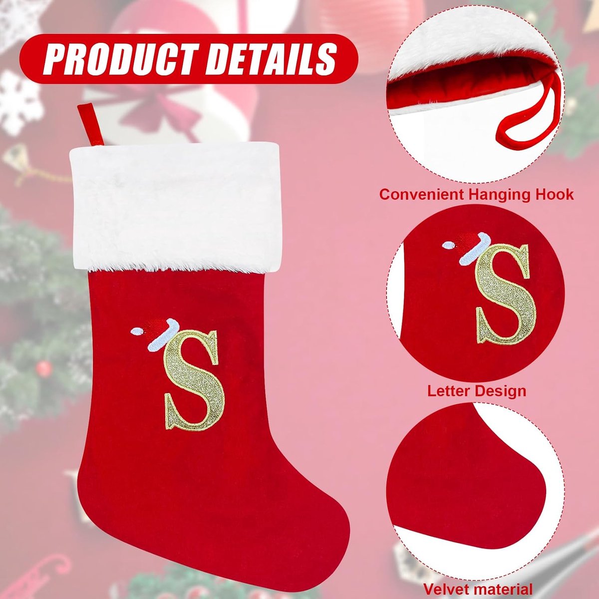 Kousen 50 cm Gepersonaliseerde kerstkous met letter groot monogram rode kerstkousen met naamplaatje pluche hangende kousen geschenken sok voor kerstdecoratie boom vakantie ornament (S)