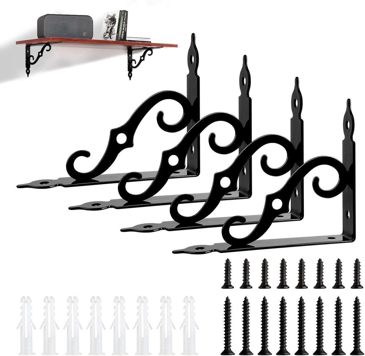 Set van 4 Zwarte Metalen Planksteunen 19 cm - Vintage Antieke S-vormige Steunen voor Wandplanken, Drijvende Borden en Wandconsole