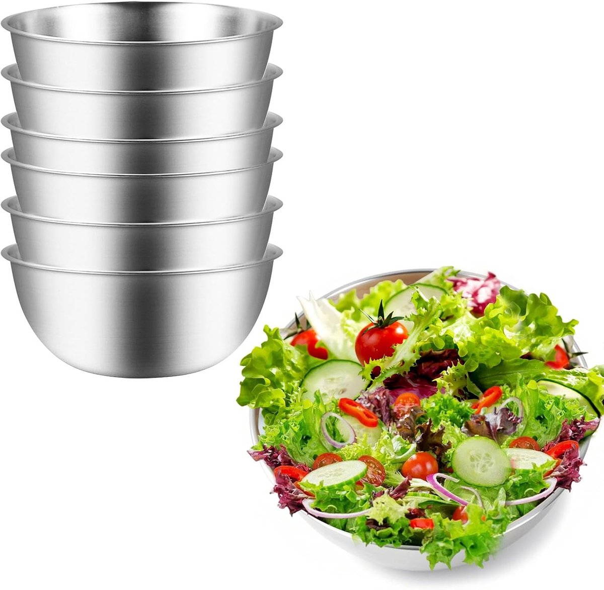 kommenset, 6 stuks, Ø 17 cm, stapelbare metalen kommenset, hoogwaardige roestvrijstalen kommen, vaatwasmachinebestendig, voor slakommen, serveerschaal, snackschaal