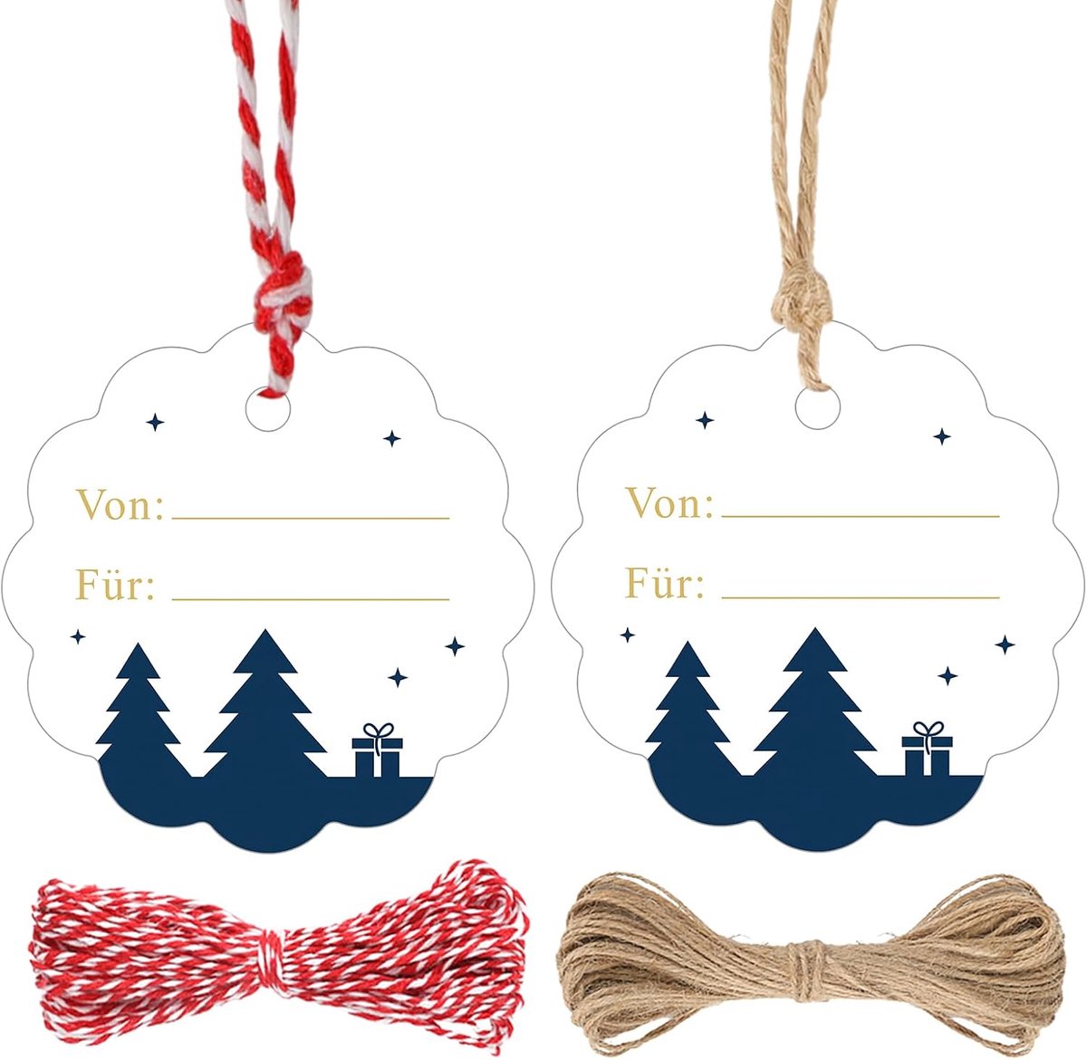 6 cm van voor cadeaulabels: kersthangers met koord voor geschenken, 100 stuks decoratieve labelhangers voor Kerstmis, feestdag, festival geschenkverpakking, wit en blauw