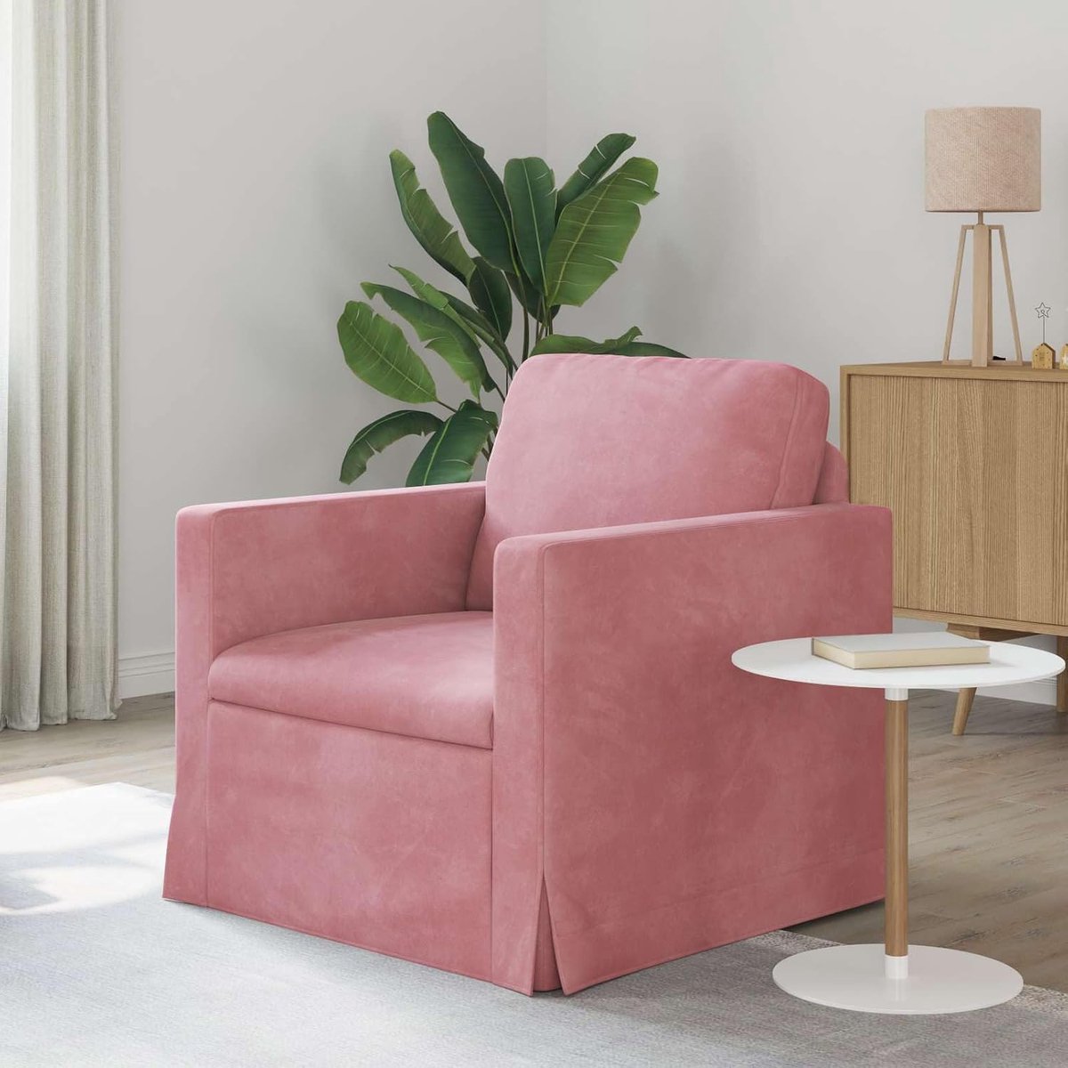 Fluwelen bank met houten armleuningen, roze, 78 x 78 x 80 cm, modern design met metalen frame en kunststof poten voor de woonkamer