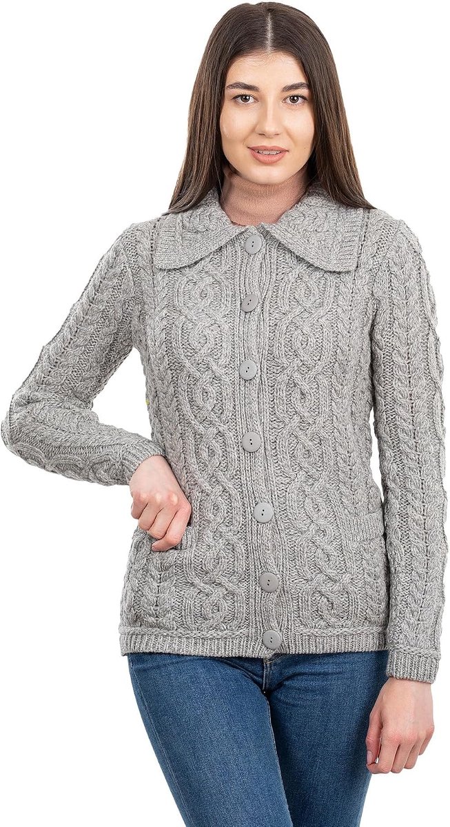 Gebreide jas, pullover voor dames, 100% merinowol, Aran Keltisch gebreid, damesjas met zakken