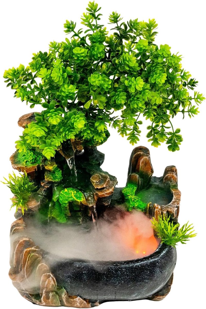 Zen tafelfontein met ledverlichting, fontein en stille dompelpomp, 220 V tafelblad, waterfontein, groene plant, decoratie voor woondecoratie, foyer, kantoor (inclusief vernevelaar)