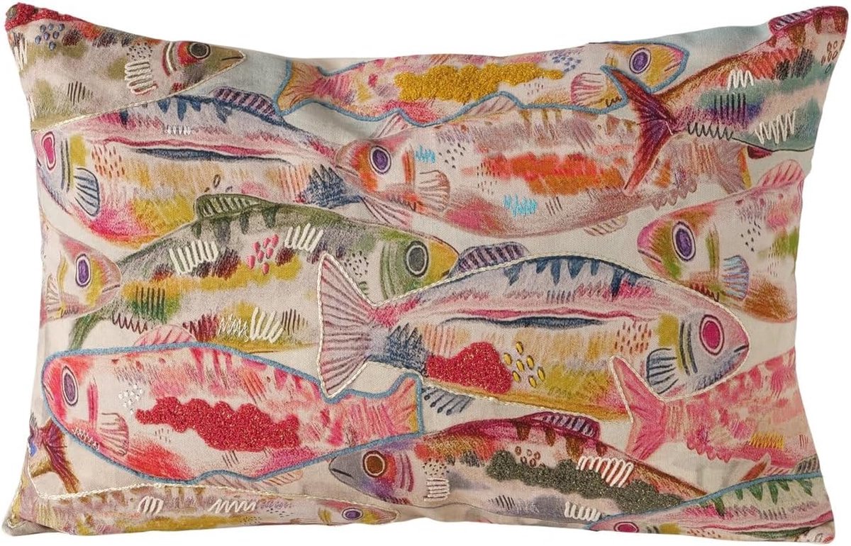Marina Fino Decoratief kussen met vismotief, rechthoekig, katoen, handgeweven, blauw, roze, crèmewit, 60 x 40 cm, afneembare overtrek met ritssluiting