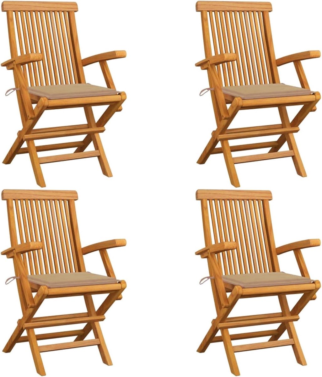 Klapstoel 4 stuks houten stoelen terrasstoel tuinstoelen met armleuningen, eetkamerstoel houten stoel tuinstoel balkonstoel 55 x 60 x 89 cm met beige kussen, teak massief hout