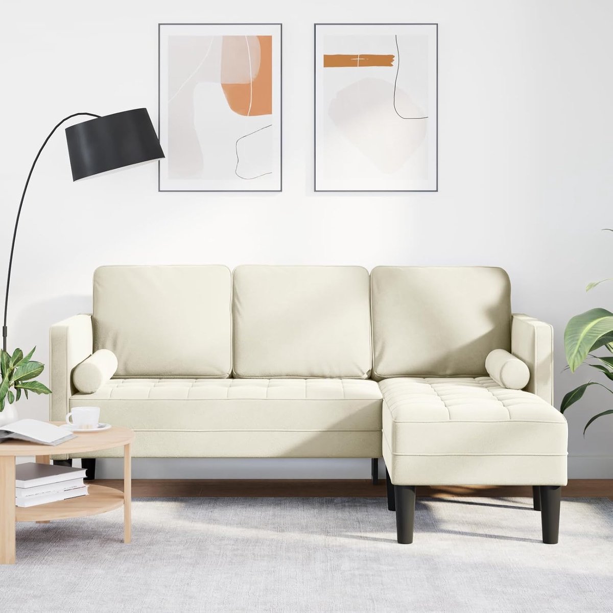 Crème, 173 x 131 x 67 cm, fluweel, modern design met knuffelkussen voor de woonkamer, comfortabele zitgelegenheid en robuuste structuur van hout