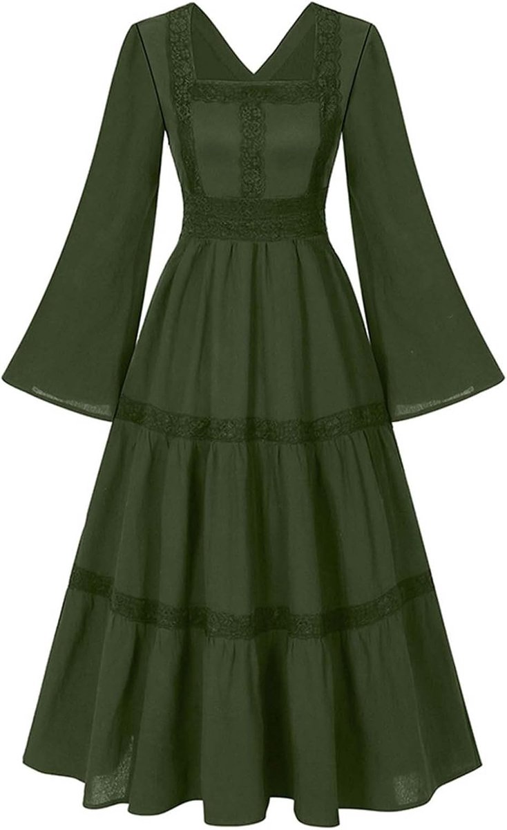 Lange jurk van kant met uitlopende mouwen voor dames, vierkante hals, bloemenkant, cosplay-jurk