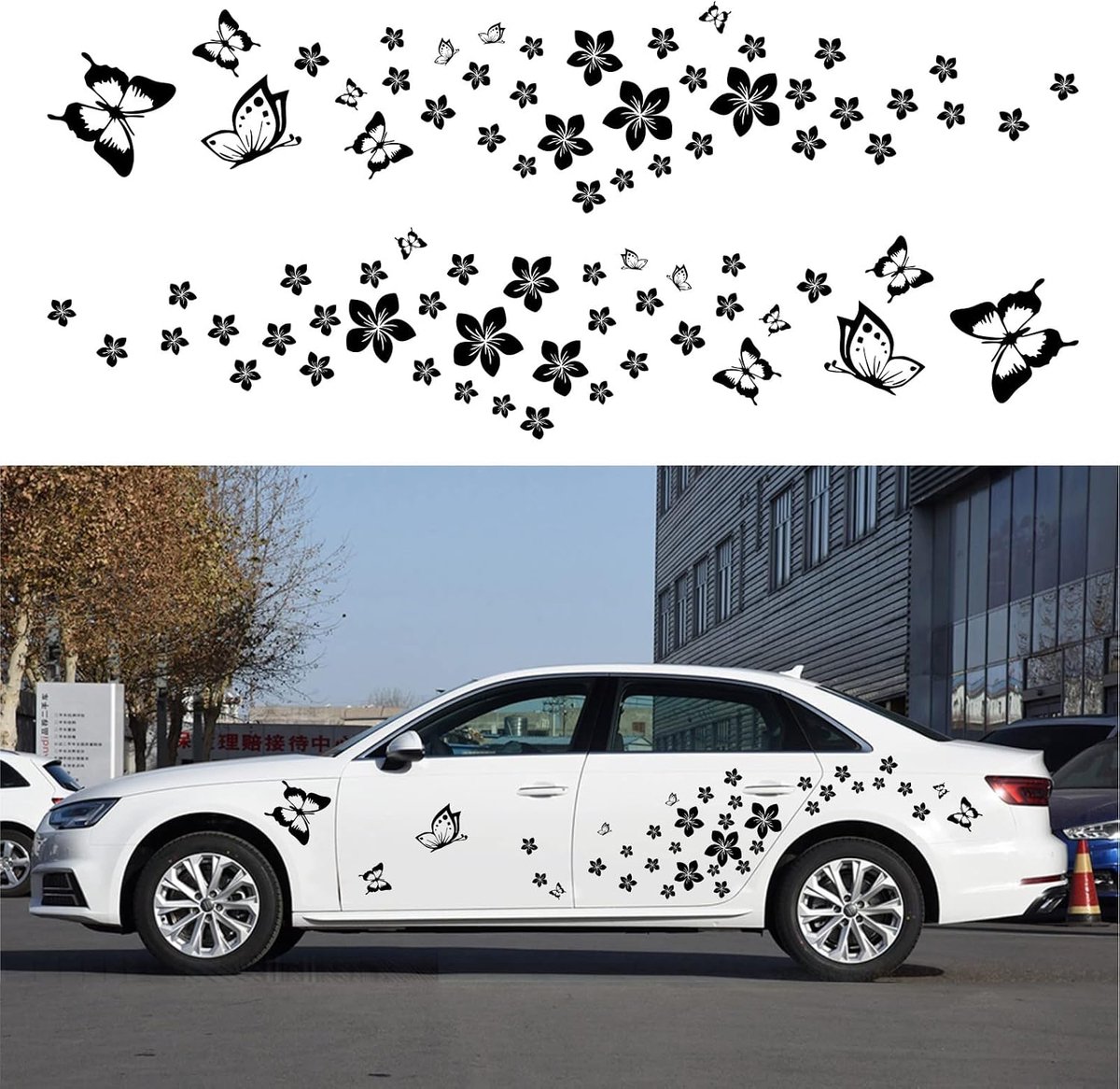 Bloemenpatroon Auto Sticker DIY Mini Bloemen Vinyl Sticker Voor Motorkap Auto Raam Deuren en Ramen Laptop Decal accessoires (zwart) 74 stuks