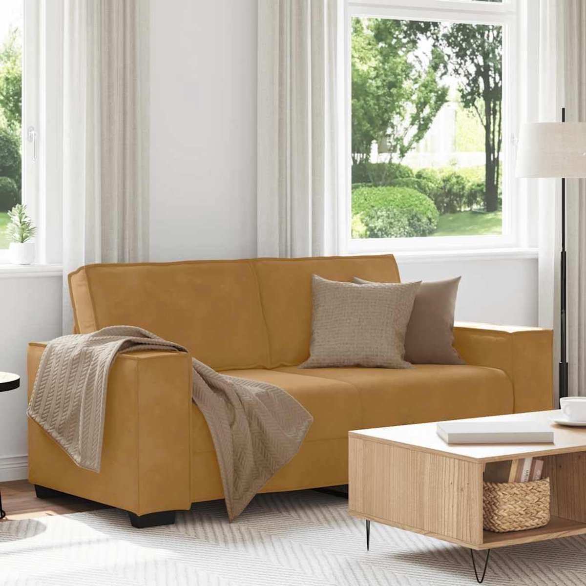 2-zitsbank, bruin, 180 x 78 x 84 cm, fluweel, tweezitsbank, met brede armleuningen en robuust houten metalen frame, voor woonkamer en kantoor