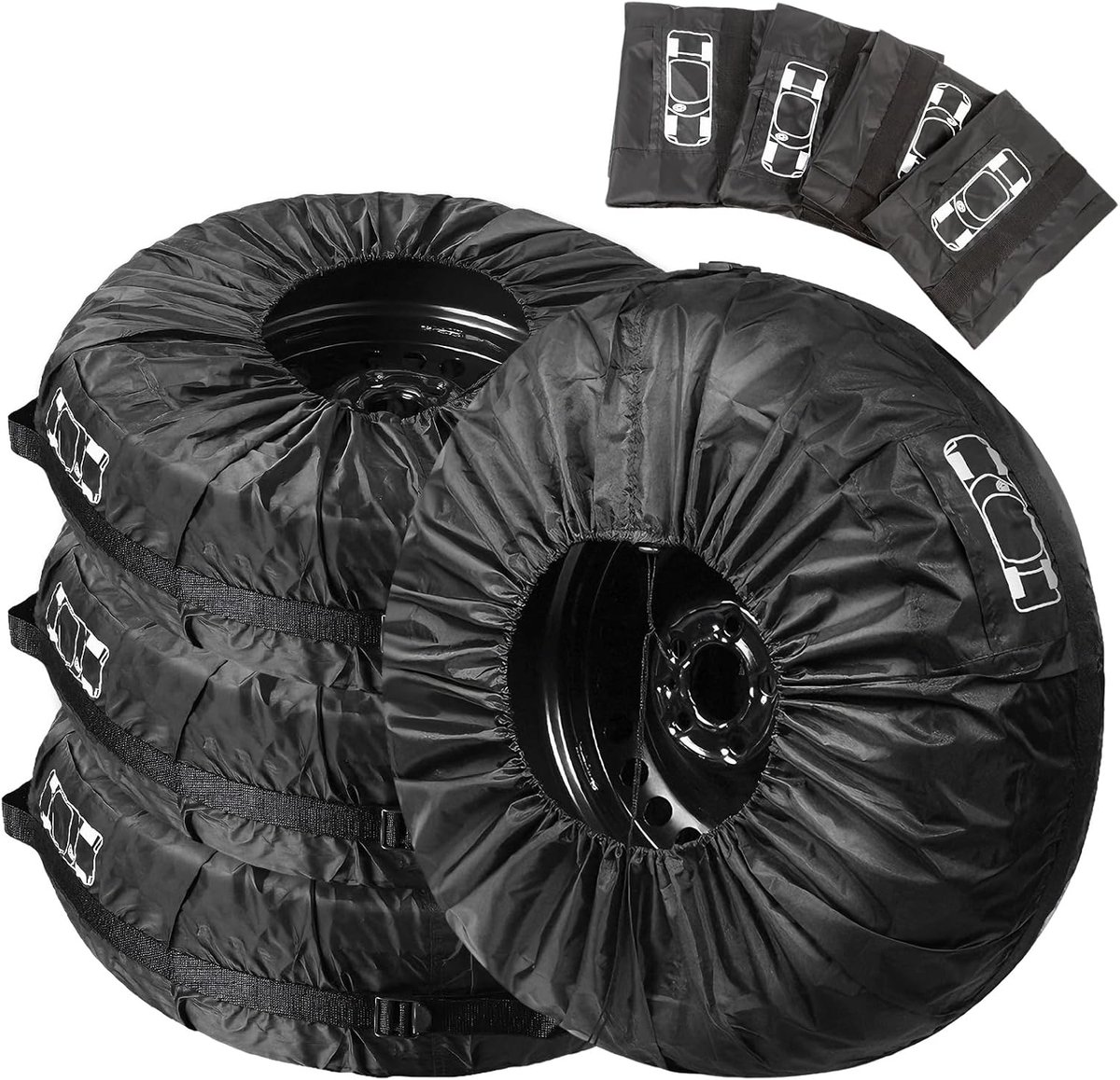 Set van 4 bandenafdekkingen, bandenopslag, voor wielen tot 80 cm, trekkoord voor seizoensgebonden banden, reservewiel